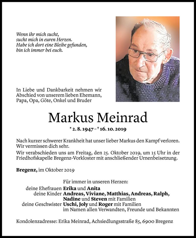  Todesanzeige für Markus Meinrad vom 23.10.2019 aus Vorarlberger Nachrichten