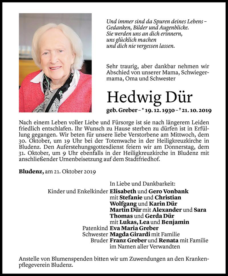  Todesanzeige für Hedwig Dür vom 28.10.2019 aus Vorarlberger Nachrichten