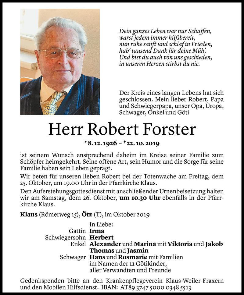  Todesanzeige für Robert Forster vom 24.10.2019 aus Vorarlberger Nachrichten