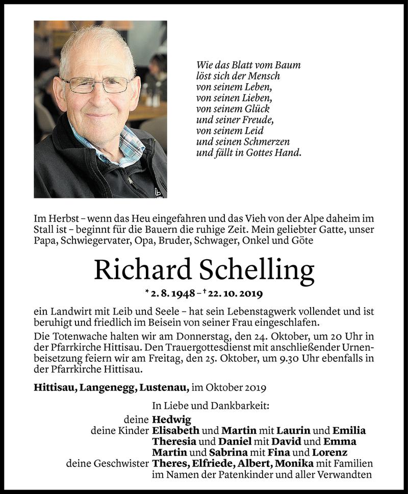  Todesanzeige für Richard Schelling vom 23.10.2019 aus Vorarlberger Nachrichten