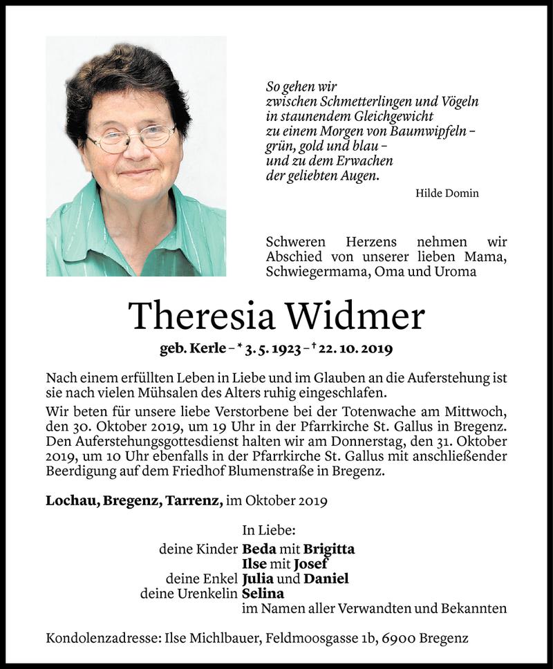  Todesanzeige für Theresia Widmer vom 24.10.2019 aus Vorarlberger Nachrichten