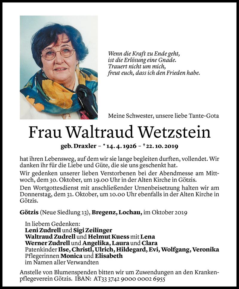  Todesanzeige für Waltraud Wetzstein vom 28.10.2019 aus Vorarlberger Nachrichten