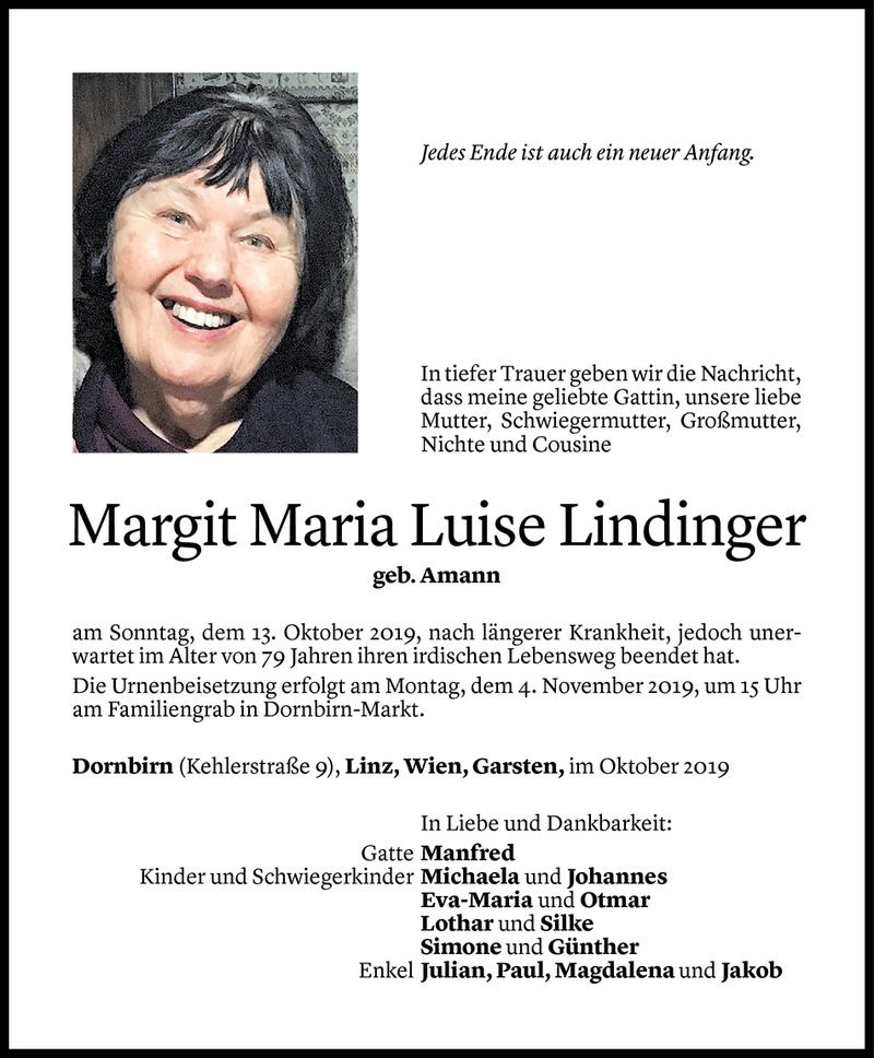  Todesanzeige für Margit Maria Luise Lindinger vom 30.10.2019 aus Vorarlberger Nachrichten