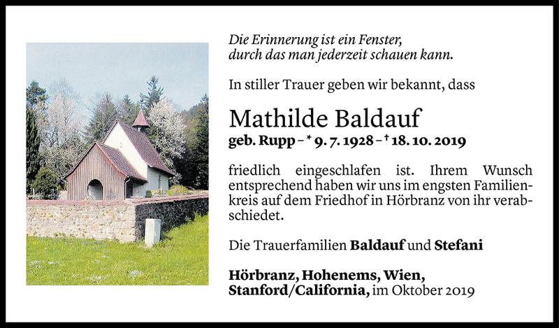  Todesanzeige für Mathilde Baldauf vom 02.11.2019 aus Vorarlberger Nachrichten