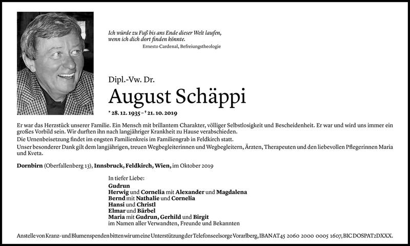  Todesanzeige für August Schäppi vom 25.10.2019 aus Vorarlberger Nachrichten