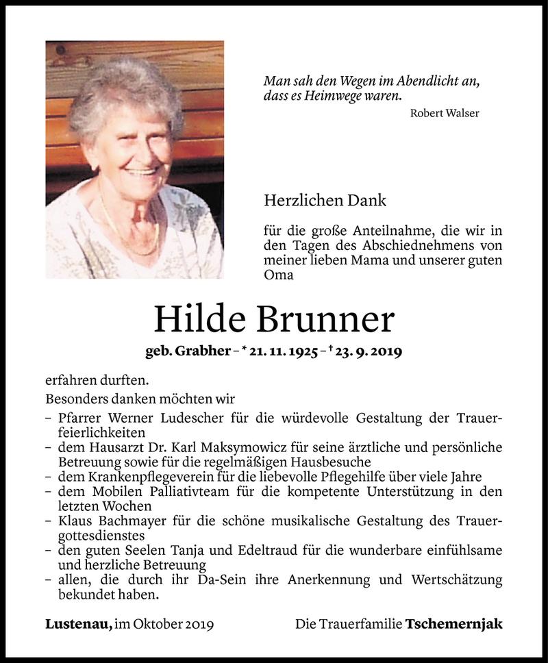  Todesanzeige für Hilde Brunner vom 27.10.2019 aus Vorarlberger Nachrichten