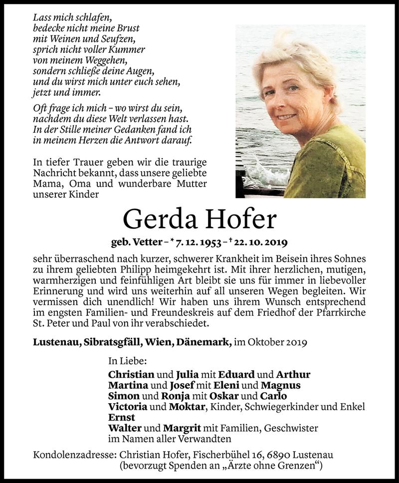  Todesanzeige für Gerda Hofer vom 28.10.2019 aus Vorarlberger Nachrichten