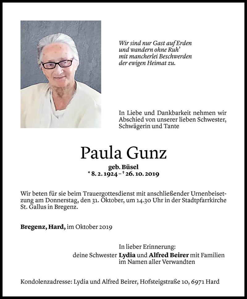  Todesanzeige für Paula Gunz vom 28.10.2019 aus Vorarlberger Nachrichten