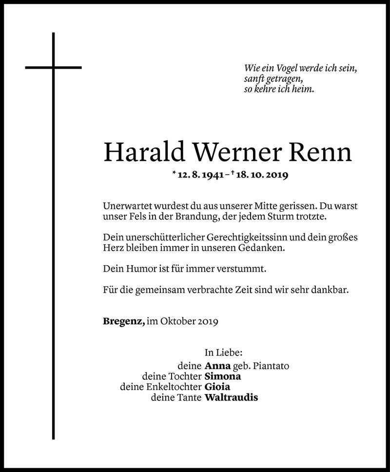  Todesanzeige für Harald Werner Renn vom 29.10.2019 aus Vorarlberger Nachrichten