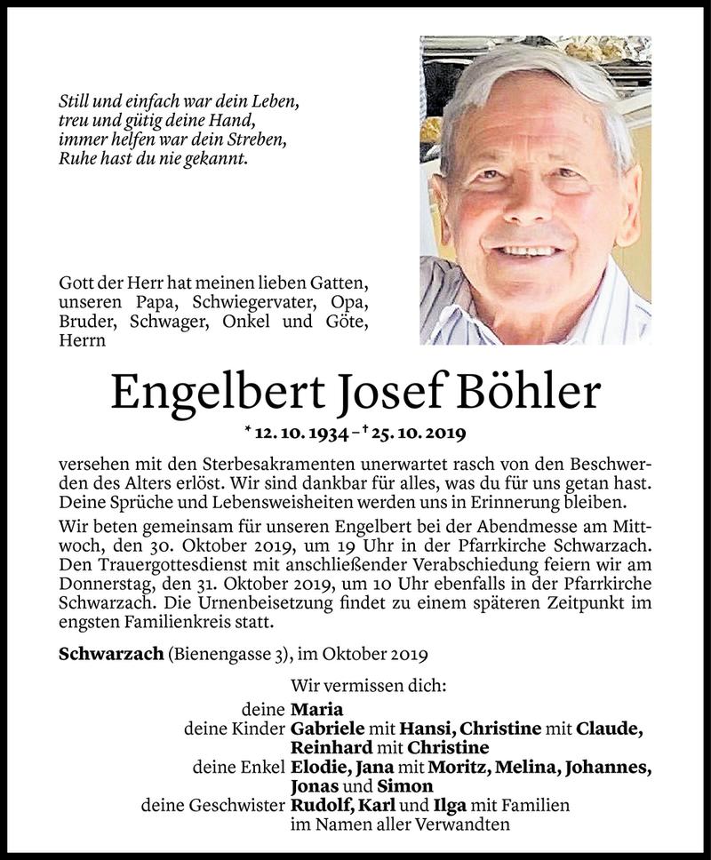  Todesanzeige für Engelbert Josef Böhler vom 28.10.2019 aus Vorarlberger Nachrichten