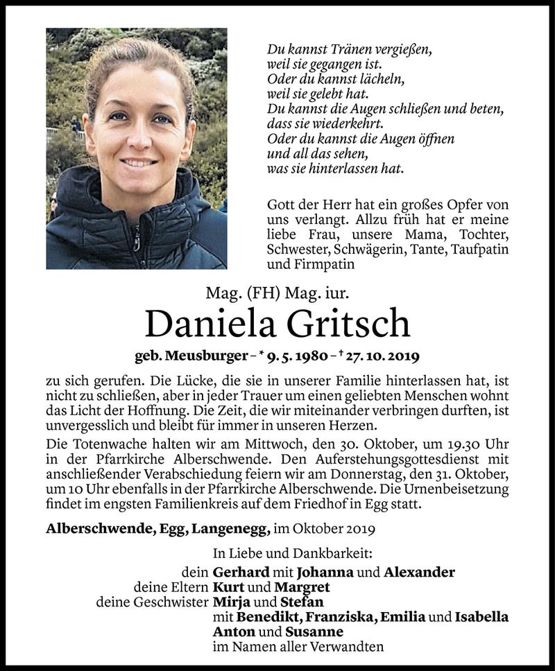  Todesanzeige für Daniela Gritsch vom 28.10.2019 aus Vorarlberger Nachrichten