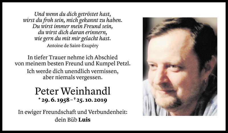  Todesanzeige für Peter Weinhandl vom 28.10.2019 aus Vorarlberger Nachrichten