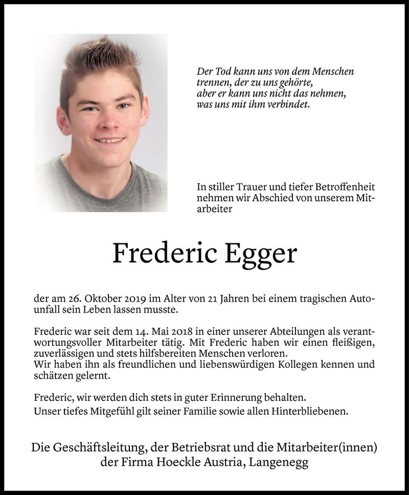  Todesanzeige für Frederic Egger vom 28.10.2019 aus Vorarlberger Nachrichten