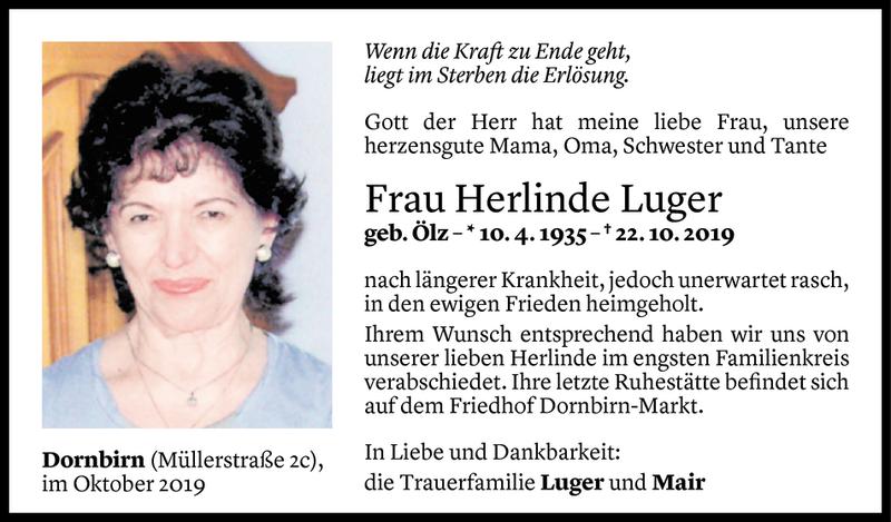  Todesanzeige für Herlinde Luger vom 30.10.2019 aus Vorarlberger Nachrichten