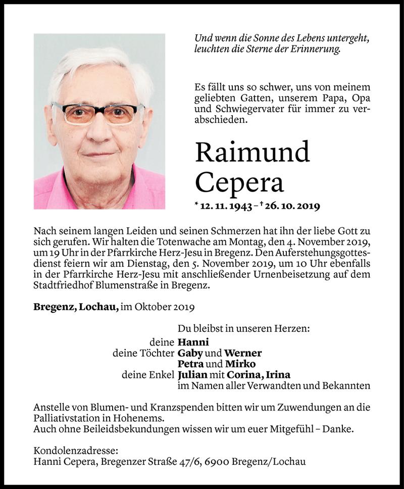  Todesanzeige für Raimund Cepera vom 01.11.2019 aus Vorarlberger Nachrichten