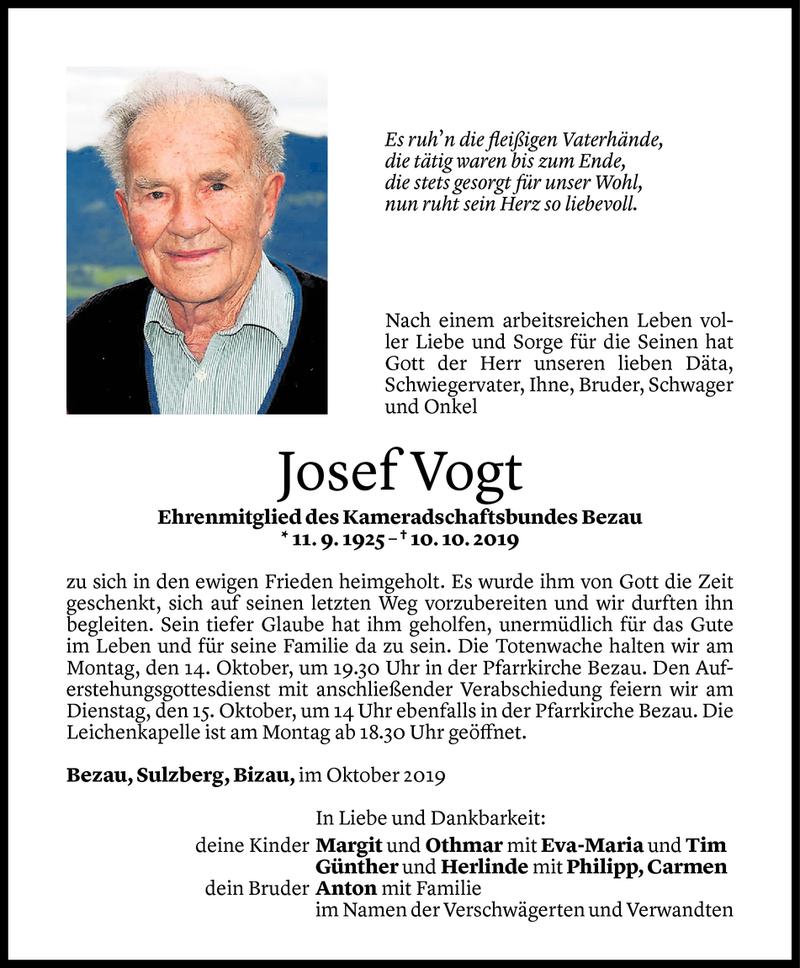  Todesanzeige für Josef Vogt vom 30.10.2019 aus Vorarlberger Nachrichten