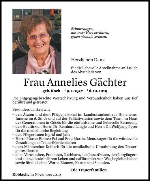 Todesanzeigen von Annelies Gächter Todesanzeigen Vorarlberger Nachrichten