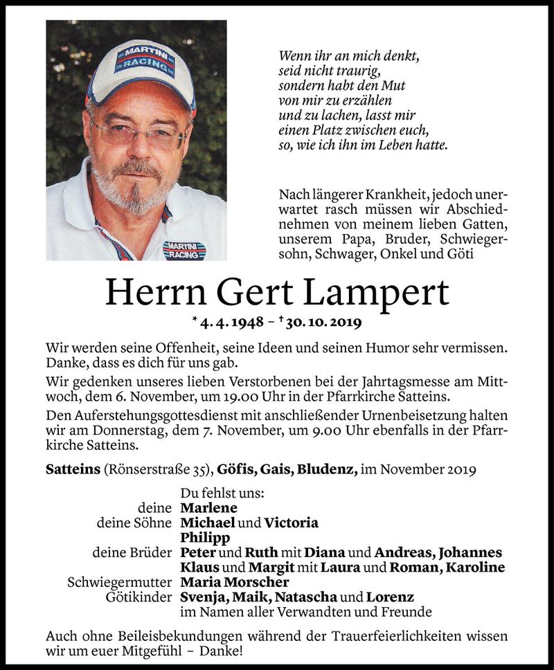  Todesanzeige für Gert Lampert vom 04.11.2019 aus Vorarlberger Nachrichten