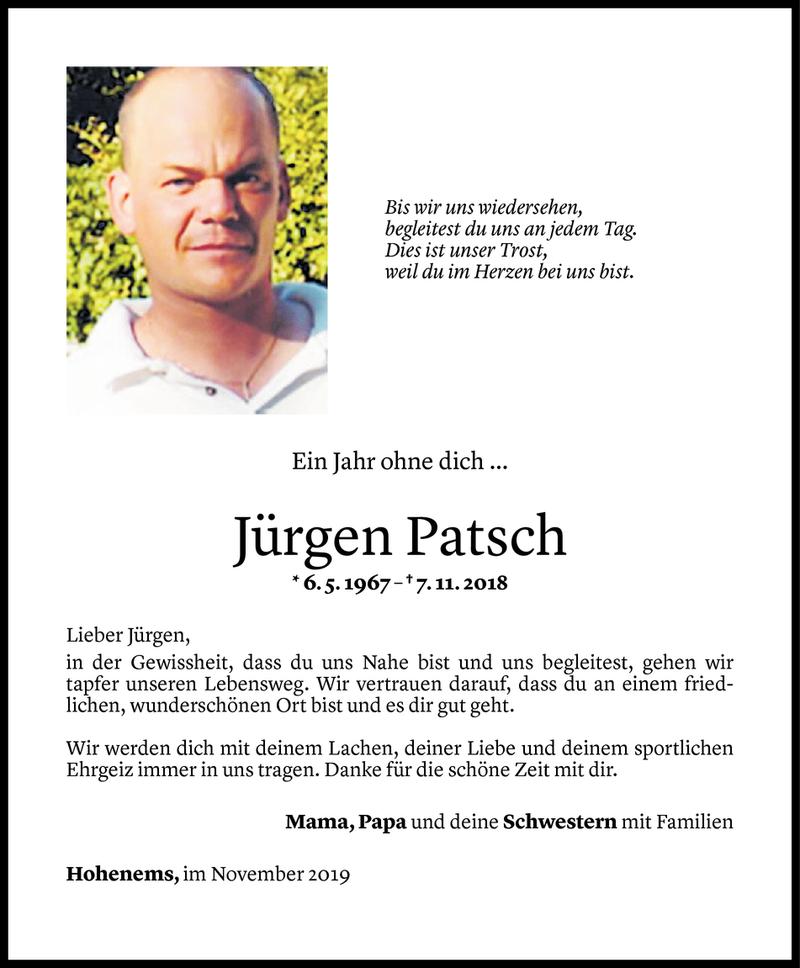  Todesanzeige für Jürgen Patsch vom 06.11.2019 aus Vorarlberger Nachrichten