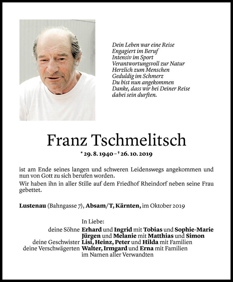  Todesanzeige für Franz Tschmelitsch vom 08.11.2019 aus Vorarlberger Nachrichten