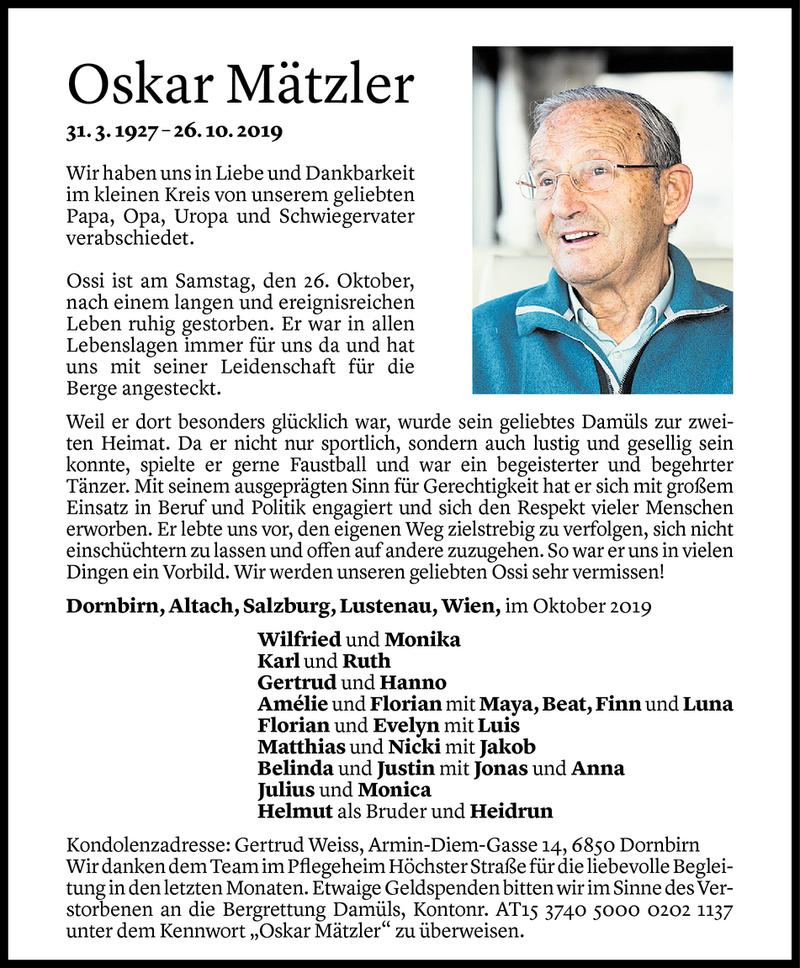  Todesanzeige für Oskar Mätzler vom 04.11.2019 aus Vorarlberger Nachrichten