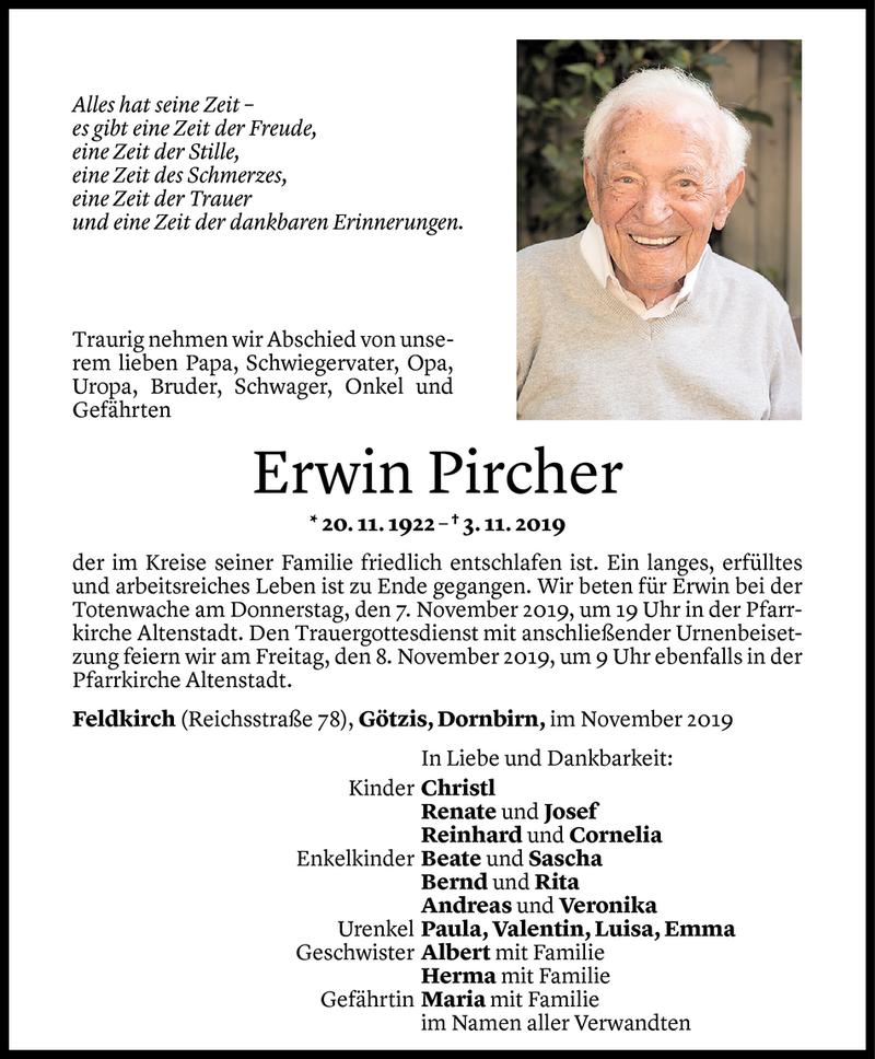  Todesanzeige für Erwin Pircher vom 05.11.2019 aus Vorarlberger Nachrichten