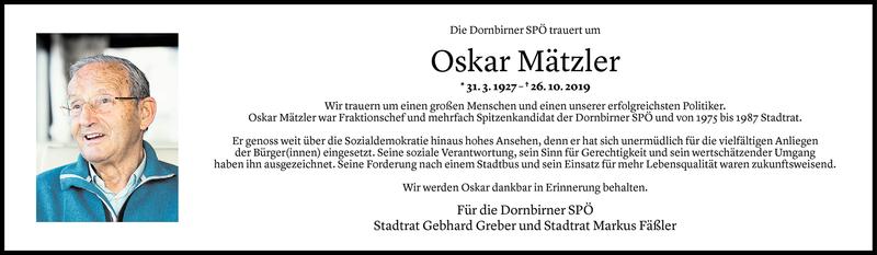  Todesanzeige für Oskar Mätzler vom 05.11.2019 aus Vorarlberger Nachrichten