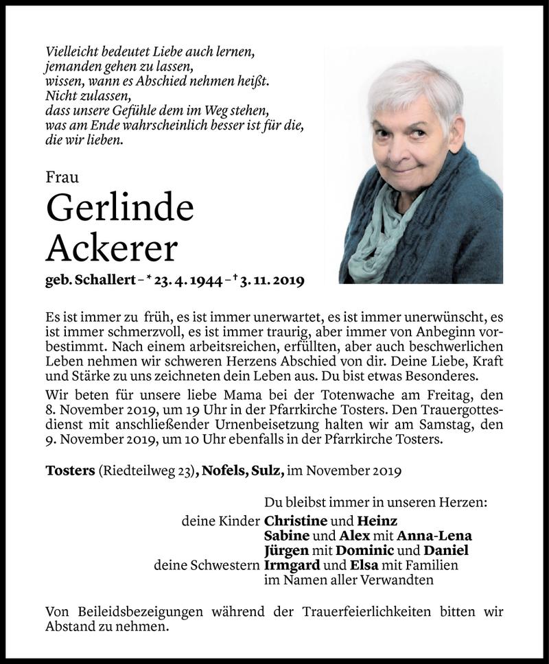  Todesanzeige für Gerlinde Ackerer vom 05.11.2019 aus Vorarlberger Nachrichten