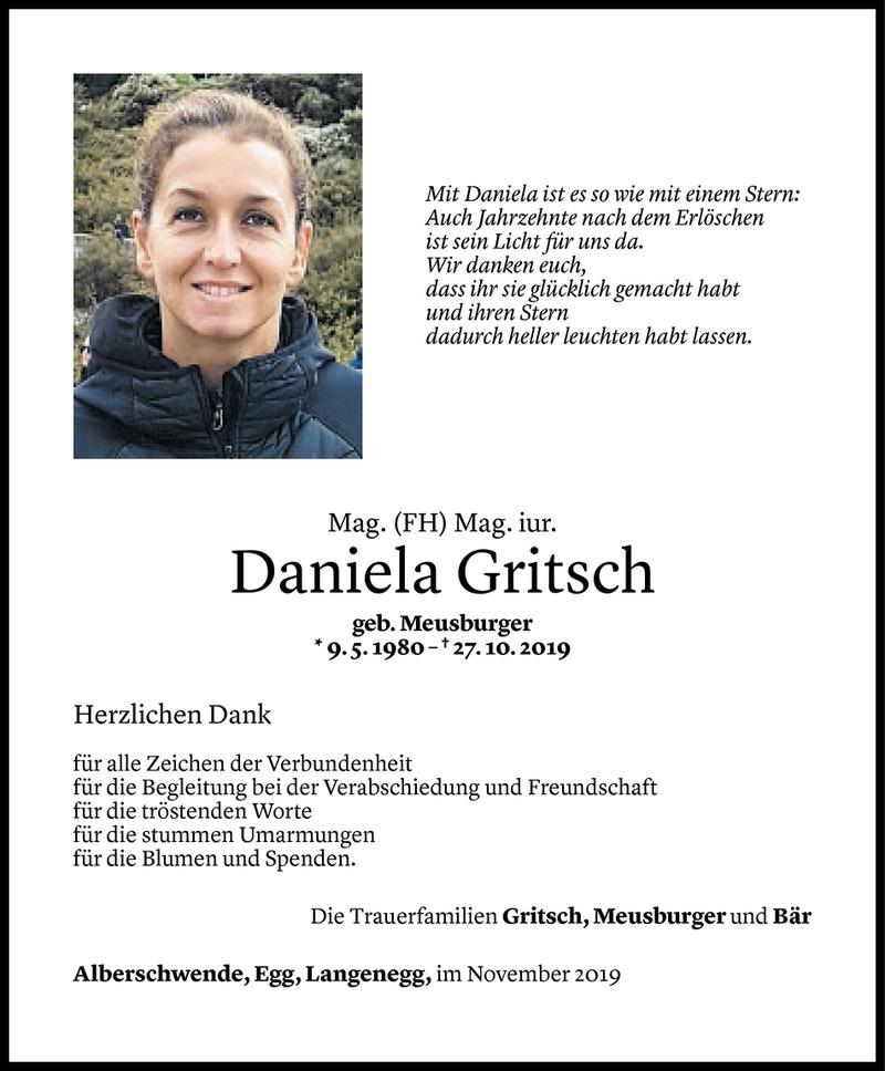  Todesanzeige für Daniela Gritsch vom 06.11.2019 aus Vorarlberger Nachrichten