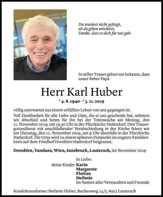 Todesanzeigen Von Karl Huber Todesanzeigen Vorarlberger Nachrichten