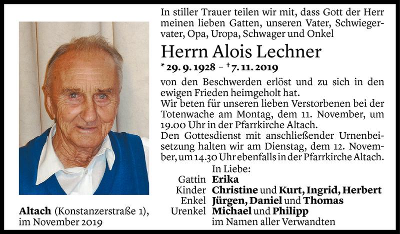  Todesanzeige für Alois Lechner vom 09.11.2019 aus Vorarlberger Nachrichten