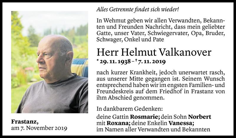  Todesanzeige für Helmut Valkanover vom 15.11.2019 aus Vorarlberger Nachrichten