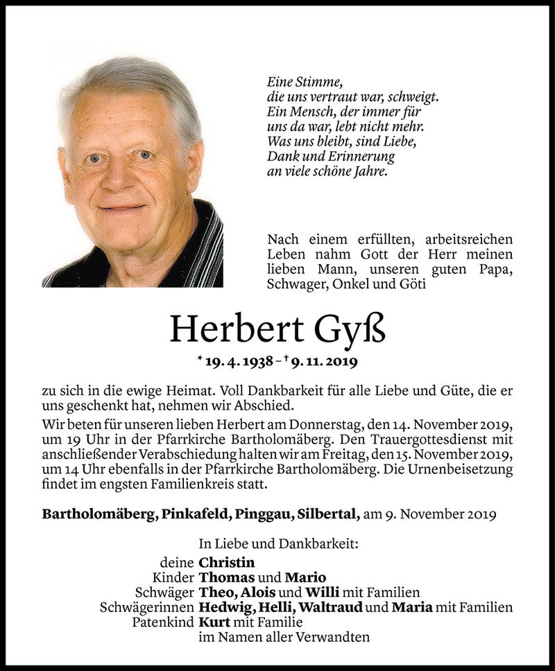  Todesanzeige für Herbert Gyß vom 11.11.2019 aus Vorarlberger Nachrichten