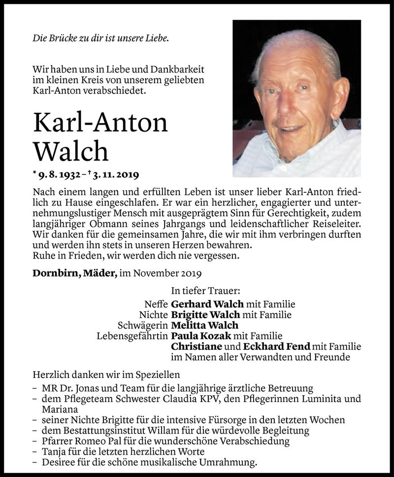  Todesanzeige für Karl-Anton Walch vom 13.11.2019 aus Vorarlberger Nachrichten