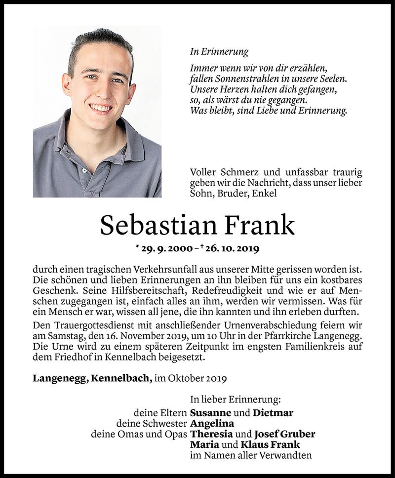  Todesanzeige für Sebastian Frank vom 12.11.2019 aus Vorarlberger Nachrichten