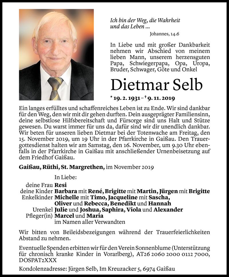  Todesanzeige für Dietmar Selb vom 12.11.2019 aus Vorarlberger Nachrichten