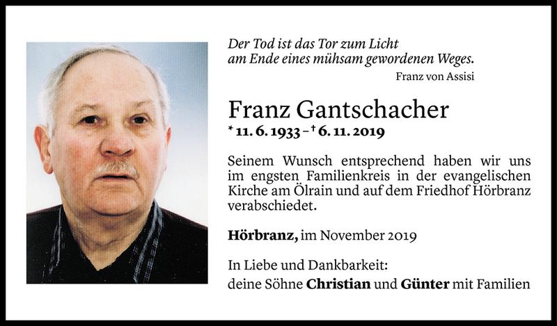  Todesanzeige für Franz Gantschacher vom 14.11.2019 aus Vorarlberger Nachrichten