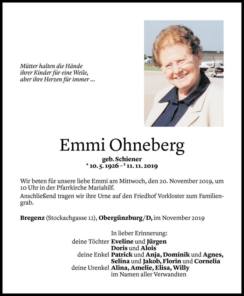  Todesanzeige für Emmi Ohneberg vom 15.11.2019 aus Vorarlberger Nachrichten