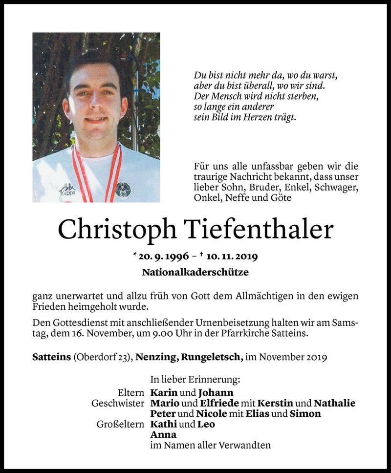  Todesanzeige für Christoph Tiefenthaler vom 15.11.2019 aus Vorarlberger Nachrichten