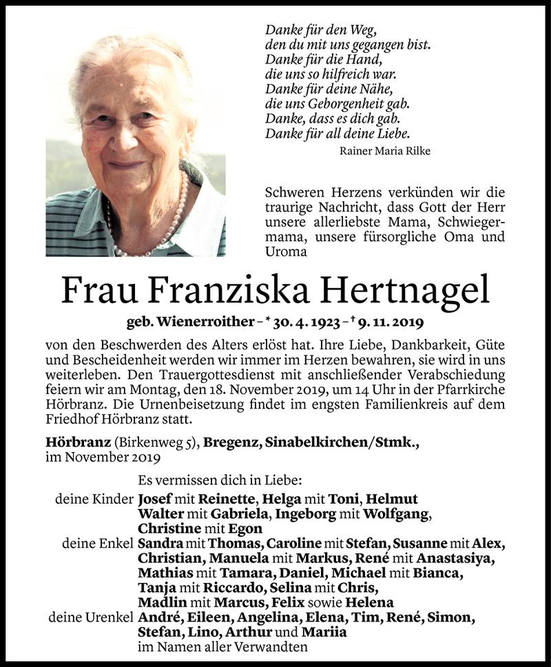  Todesanzeige für Franziska Hertnagel vom 15.11.2019 aus Vorarlberger Nachrichten