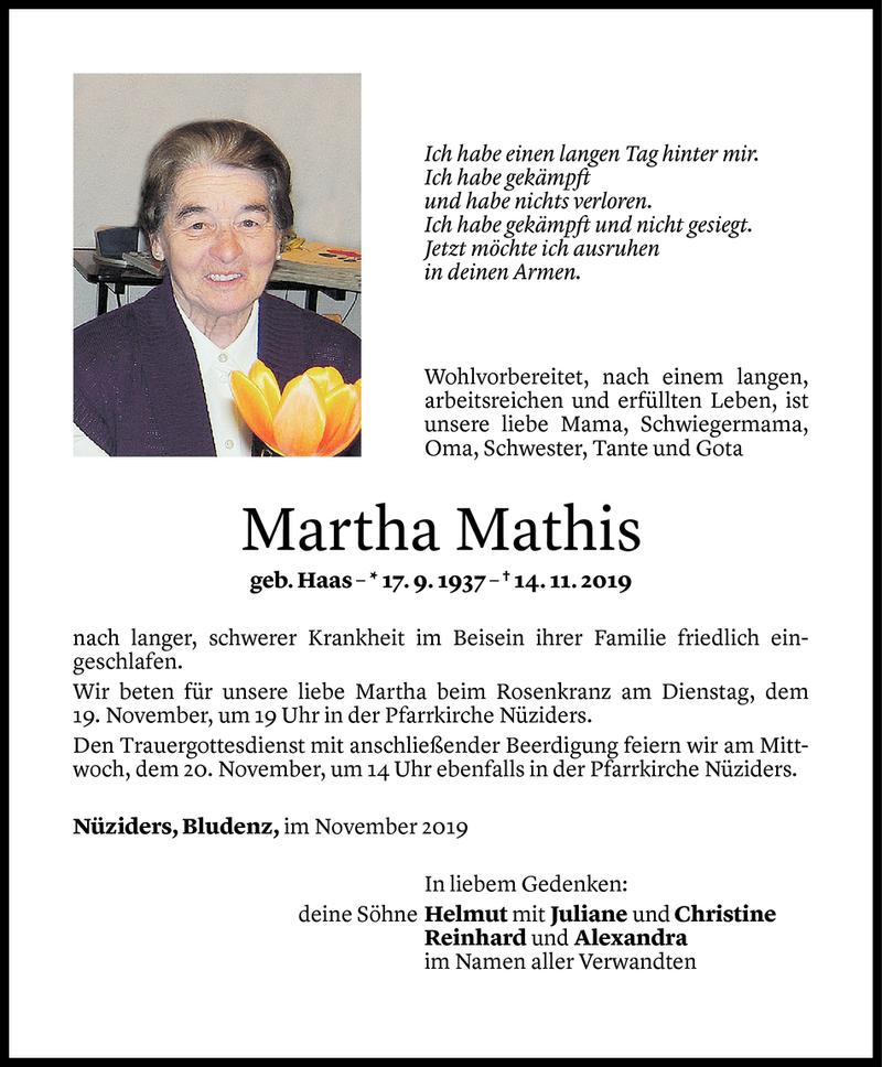  Todesanzeige für Martha Mathis vom 16.11.2019 aus Vorarlberger Nachrichten