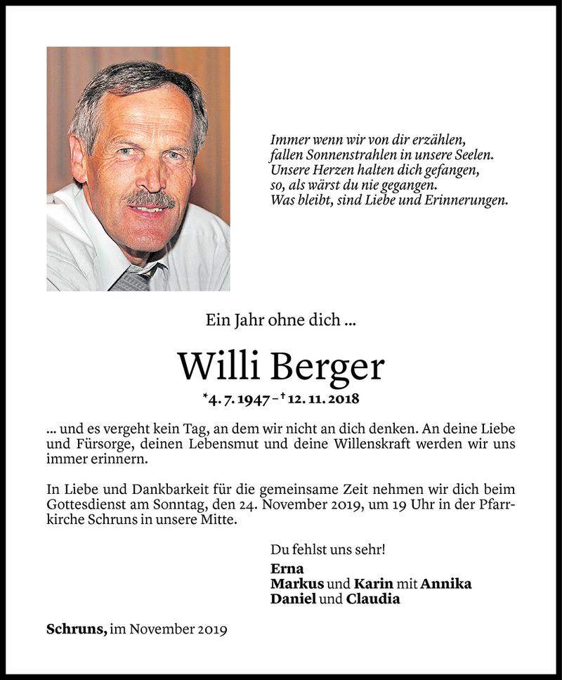  Todesanzeige für Willi Berger vom 15.11.2019 aus Vorarlberger Nachrichten