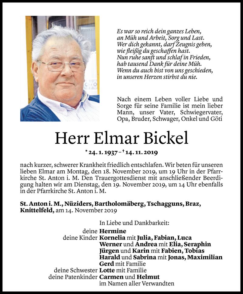  Todesanzeige für Elmar Bickel vom 15.11.2019 aus Vorarlberger Nachrichten