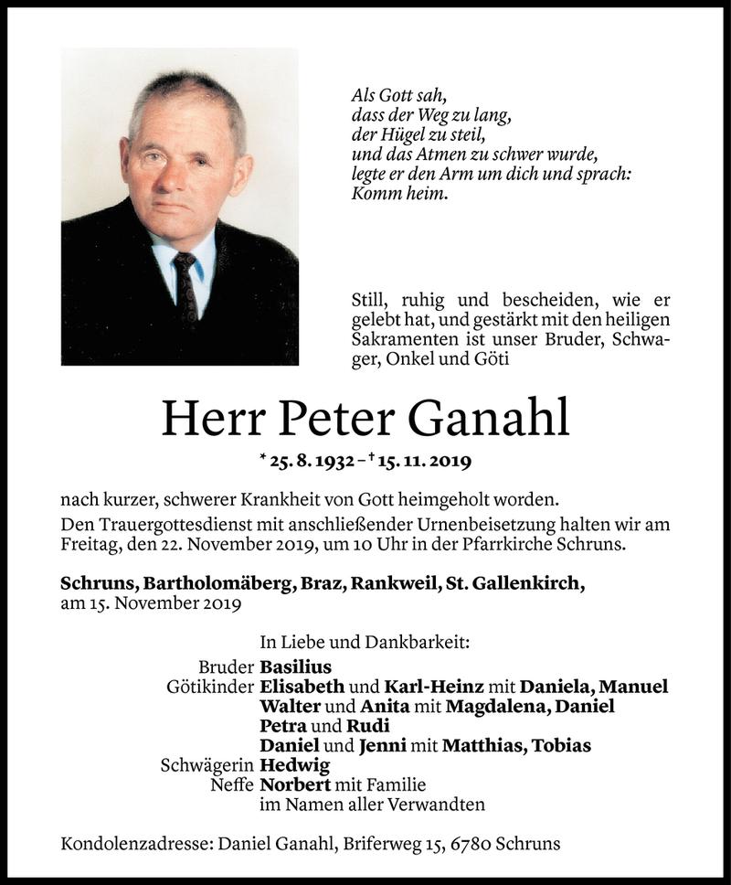  Todesanzeige für Peter Ganahl vom 18.11.2019 aus Vorarlberger Nachrichten