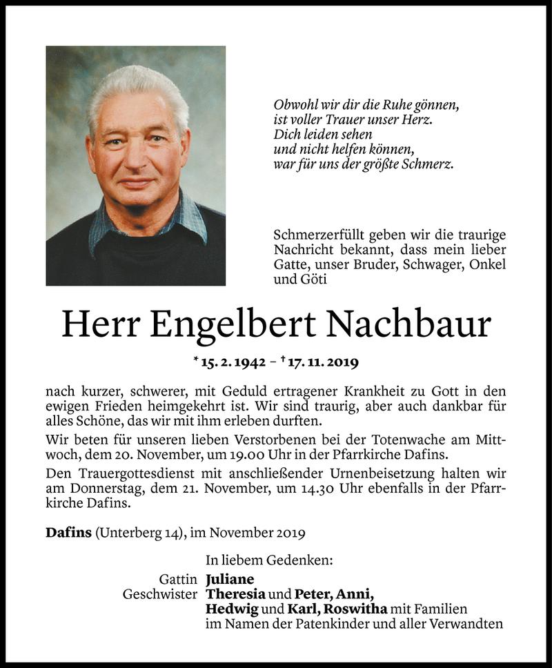  Todesanzeige für Engelbert Nachbaur vom 19.11.2019 aus Vorarlberger Nachrichten