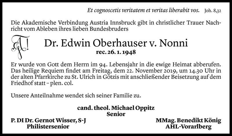  Todesanzeige für Edwin Oberhauser vom 19.11.2019 aus Vorarlberger Nachrichten