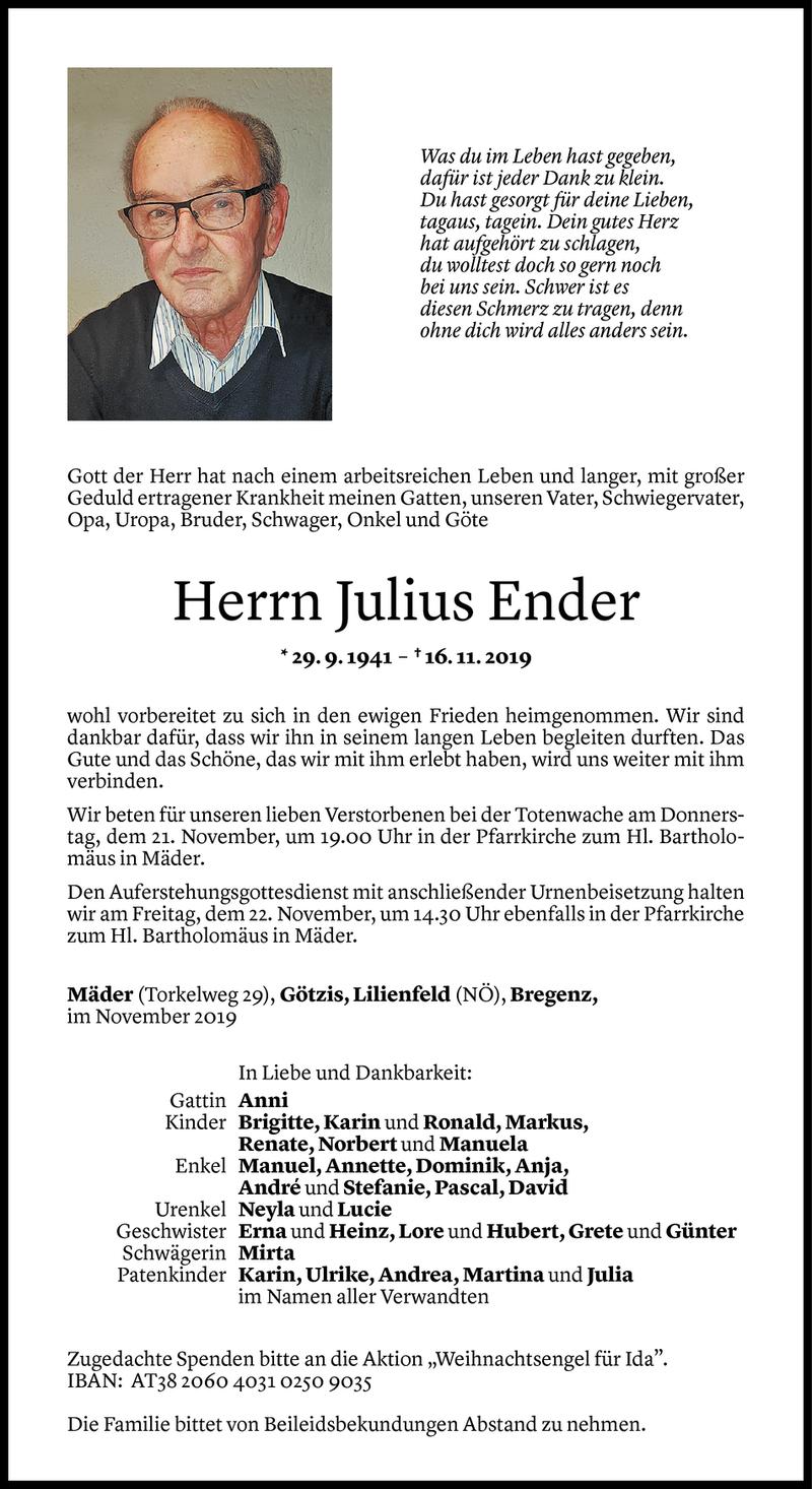  Todesanzeige für Julius Ender vom 20.11.2019 aus Vorarlberger Nachrichten