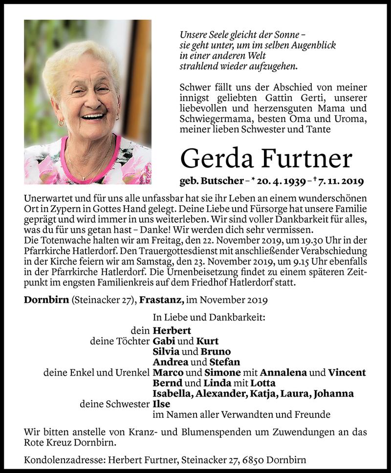  Todesanzeige für Gerda Furtner vom 19.11.2019 aus Vorarlberger Nachrichten