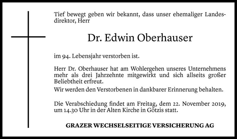  Todesanzeige für Edwin Oberhauser vom 20.11.2019 aus Vorarlberger Nachrichten