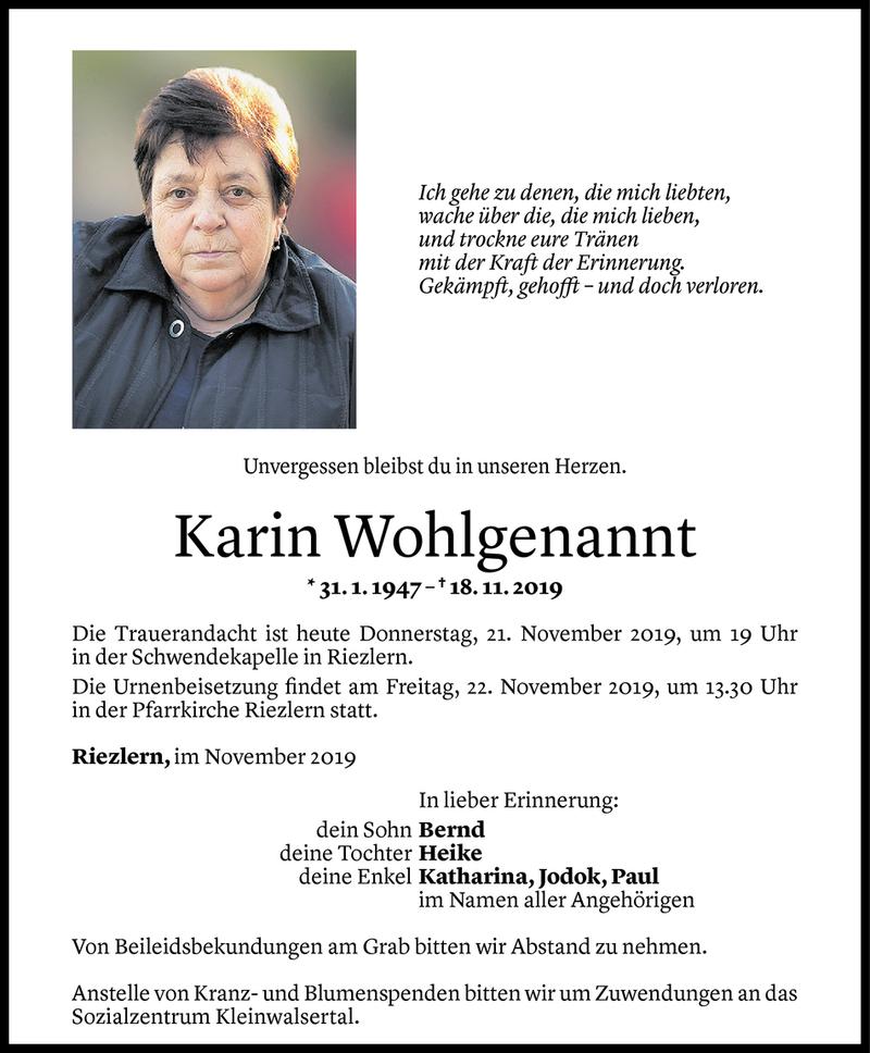  Todesanzeige für Karin Wohlgenannt vom 20.11.2019 aus Vorarlberger Nachrichten